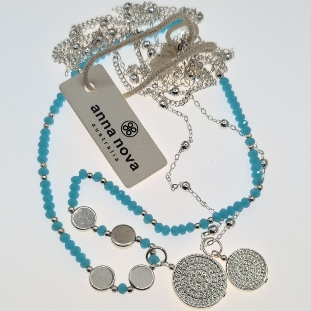 Silver and Blue Beaded Necklace with Tassel - Picture 3 of 4